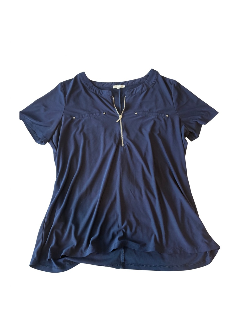 Short-Sleeve Flowy Navy Split-Neck Top with Zipper Accent | Ava James | XL
